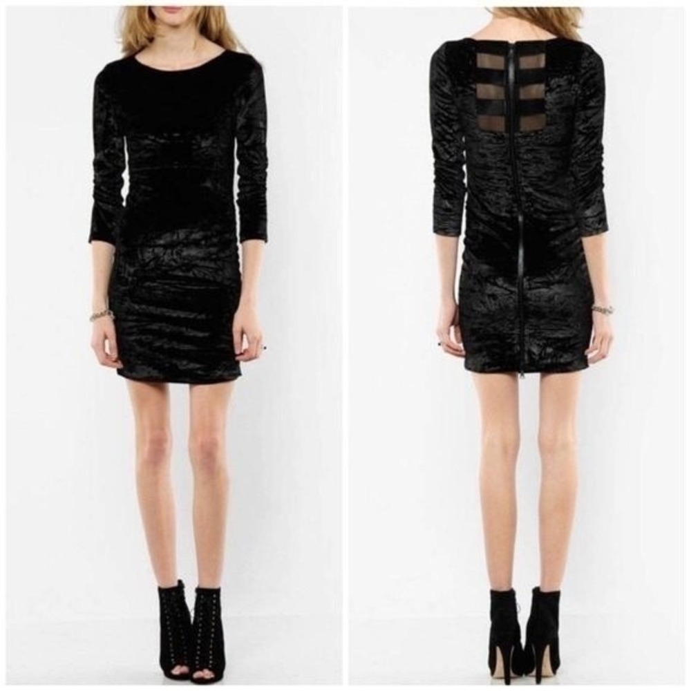 Alice + Olivia Charcoal Grey Crushed Velvet Mesh Back Mini Dress Long Sleeve